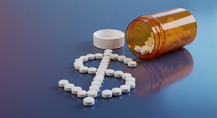 Dollar sign made of white pills next to an overturned orange prescription bottle