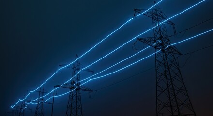Electric power lines glowing with vibrant blue light against a dark night sky