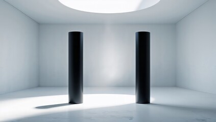 Obraz premium Minimalist Interior Design Featuring Black Cylindrical Sculptures in a Bright Space