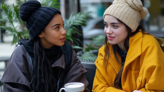 Cheerful multicultural friends enjoy coffee together in a cozy cafe on a chilly day, Cheerful multicultural female friends meeting for cup of coffee at cafe - Powered by Adobe