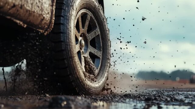 Stunt car wheel splashes through muddy puddle during intense off-road maneuver, Close up on stunt car wheel driving through mud puddle