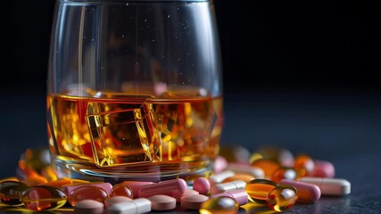 A glass of alcohol is on a table with a pile of pills. Scene is somewhat ominous, as the pills and alcohol are both substances that can be harmful if consumed in excess - Powered by Adobe