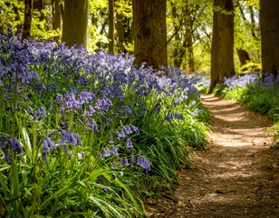 A sunlit forest path blanketed in bluebells