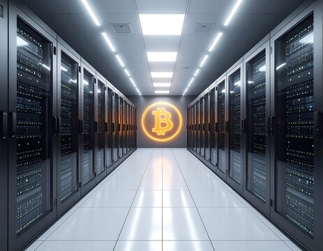 Modern server room with Bitcoin symbol