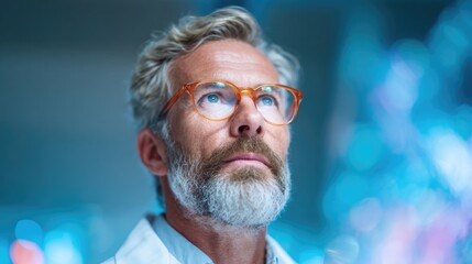 Focused scientist gazes thoughtfully at digital displays in high