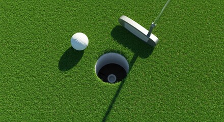 Golf ball and putter near hole on green grass ready for a winning shot