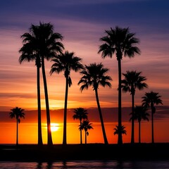 Obraz premium Sunset Palm Trees Beach Scene.