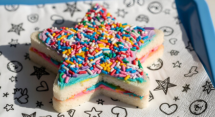 Fototapeta premium Eye-Catching Decorated Star-Shaped Sandwich With Sprinkles on a Decorative Paper Tray