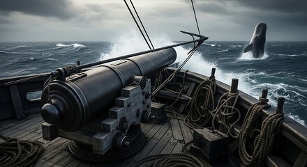Dramatically captured whale breaching near whaling ship cannon view