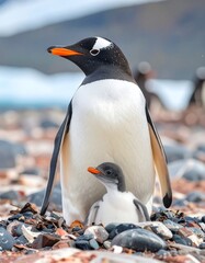 Gentoo penguin pair with chick