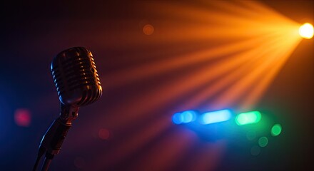 Vintage microphone on stage illuminated by dramatic orange and blue spotlights