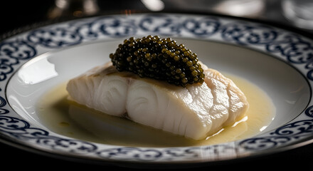 Elegant Culinary Presentation Of Caviar And Fish Dish Showcased On A Detailed Plate
