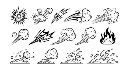 Dynamic collection of hand-drawn comic book motion effects, speed lines and action elements