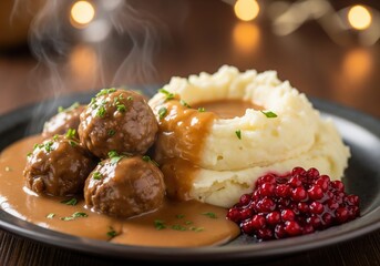 Traditional Swedish Meatballs Resting On Creamy Mashed Potatoes With Gravy And Lingonberry Sauce Evoking Comfort Warmth And Homestyle Culinary Flavor