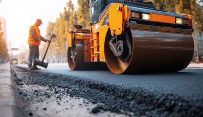 Asphalt paving, worker and roller