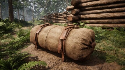 Rustic Canvas Roll with Leather Straps in Forest Setting