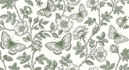 Delicate botanical seamless pattern, featuring blooming flowers and butterflies