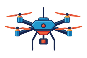 Blue quadcopter drone with orange propellers is flying on a white background