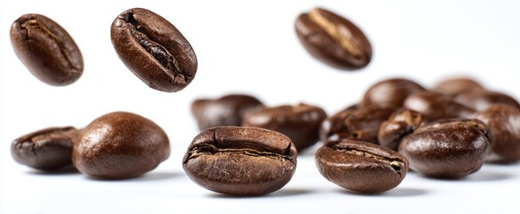 Naklejka premium The coffee beans captured mid air in macro view on a white background