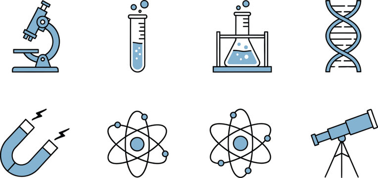 Science icons collection microscope test tube flask dna magnet atom telescope vector