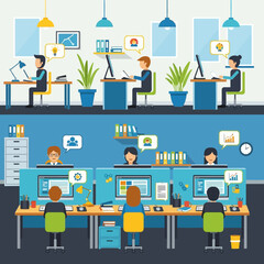 Illustration of a modern office space with employees working at their desks.