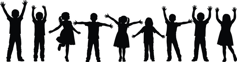Children silhouettes, group of kids, joyful poses, raised arms, jumping child, playful energy, black figures, white background, celebration, unity