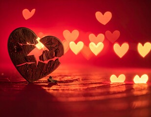Broken heart on red bokeh background