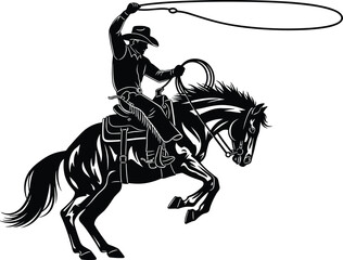 Cowboy riding horse silhouette, western action scene, lasso swing, dynamic pose, ranch culture, black illustration, rearing horse, wild west