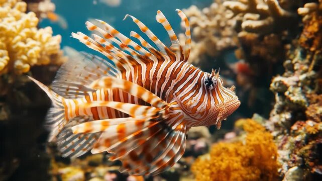 Close-up of a lionfish with vibrant orange and white stripes.  Its fins and body are detailed and show a complex pattern against a backdrop of colorful coral reef