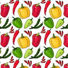 Hot Chili Peppers Seamless. Texture of food pepper background. 