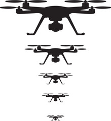 Naklejka premium Five black silhouette drones of varying sizes arranged vertically on a white background quadcopter aerial vehicle