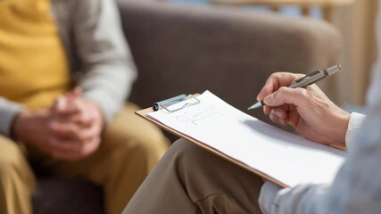 A man is writing on a clipboard while sitting next to a woman. Scene is serious and focused, as the man is taking notes during a conversation - Powered by Adobe