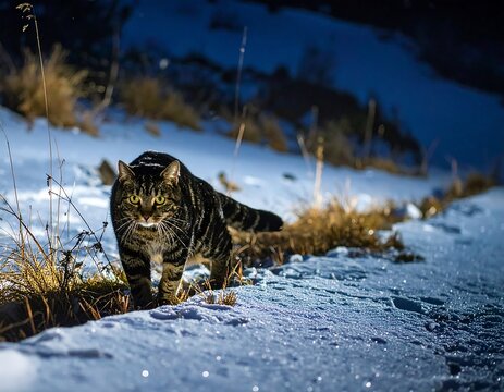 A tabby cat in snowy landscape at night
