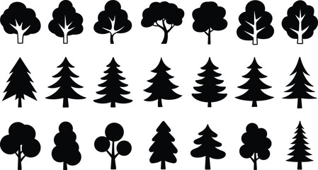 Tree silhouette illustration, twenty stylized tree shapes with varied foliage and trunk designs black white layout, nature vector clipart artwork