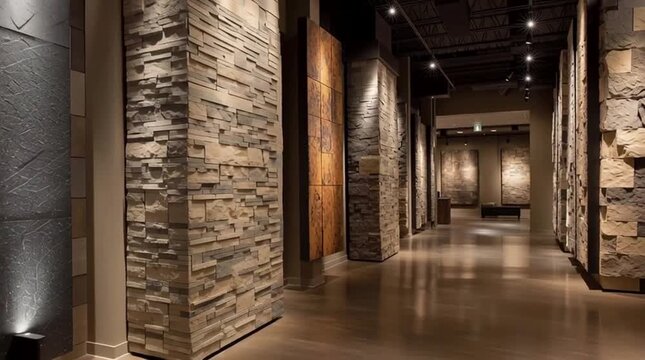 Interior Showroom Displaying Stone Veneer Samples, Featuring Stacked Stone Panels, Modern Design, and Architectural Elements for Home Improvement and Construction Projects