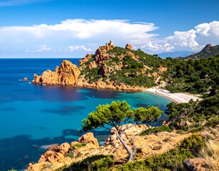 Coastal landscape with a rocky shore and turquoise water