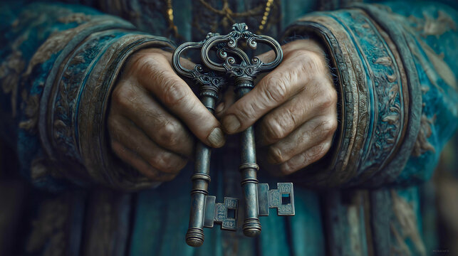 Old Hands Hold Ornate, Vintage Skeleton Keys, Symbolizing Hidden Knowledge, Ancient Authority, and Christian Mystery.