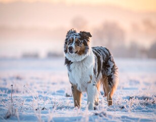 A dog in a snowy field at sunrise