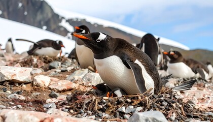 Gentoo penguins nesting on rocky Antarctic shore