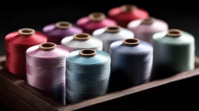 Colorful spools of thread neatly arranged in a wooden box