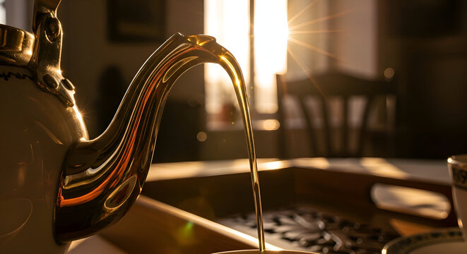 Elegant Teapot Spout Pouring Tea In The Sunlight With Warm Ambient Lighting