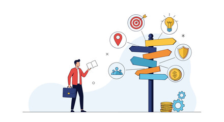 Businessman standing at a crossroads of decision making for the future.