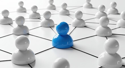 Unique blue pawn stands out in a network of connected white pawns on a white surface