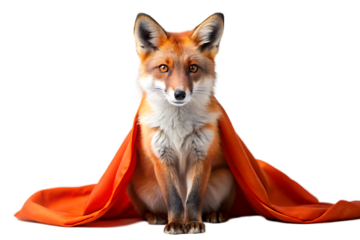 Red Fox Wearing an Orange Cape Sitting on Transparent Background vulpes animal cutout PNG isolated on a transparent background