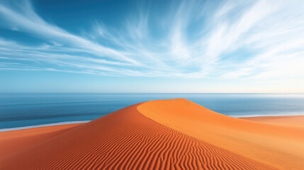 Naklejka premium Majestic Landscape Where the Desert Meets the Sea: Orange Sand Dune and Ocean