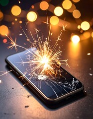 Broken smartphone with sparkler explosion