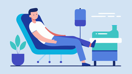 Comfortable Reclining Chair A patient comfortably reclined in a sleek ergonomic chair surrounded by soft cushions while a technician prepares rejuvenation therapy equipment nearby.