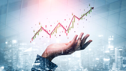 A stock market trading candlestick chart showing a bull market trend. A concept of financial...