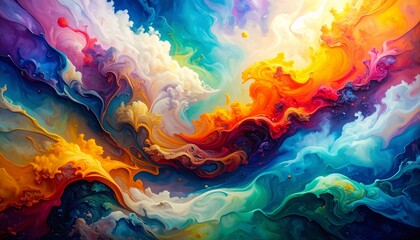 Bold and expressive acrylic painting with a moody ethereal spiritual vibe, characterized by smooth gradient transitions, set against a colorful white marble texture background.