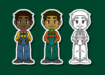 Boy gardener holding flower pot with seedlings sticker illustration